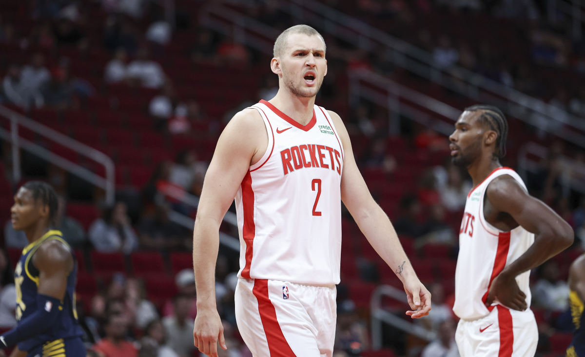 Rockets center Jock Landale (2) reacts during the first quarter against the Indiana Pacers at Toyota Center.