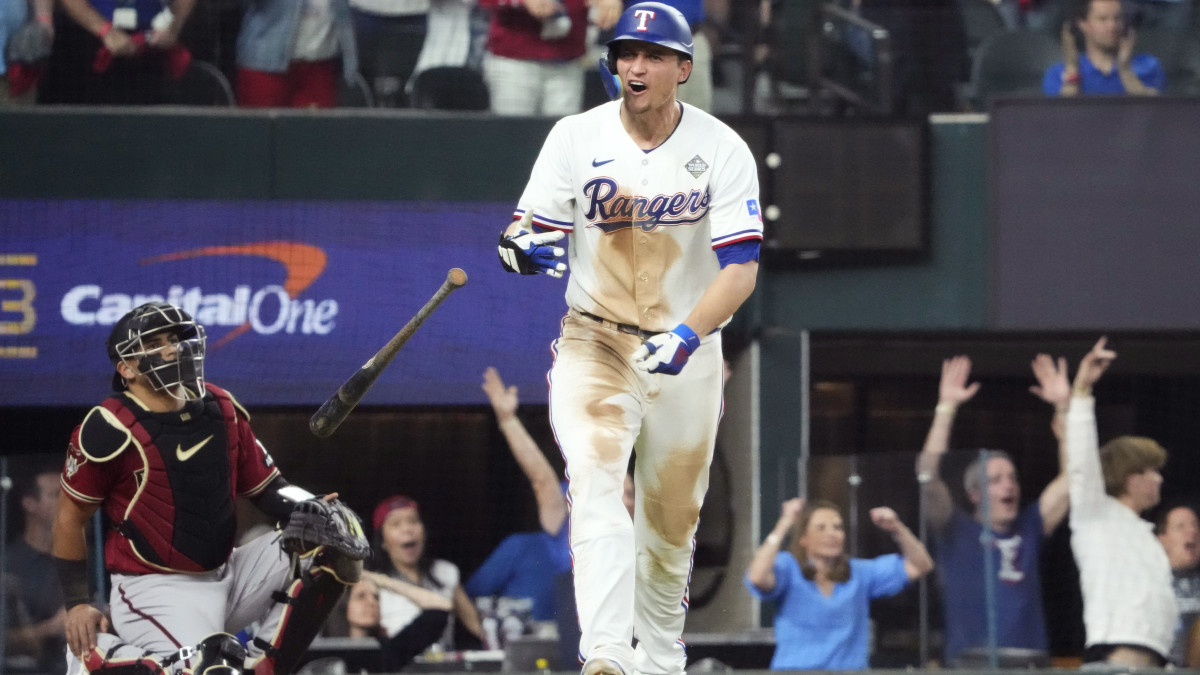 Texas Rangers shortstop Corey Seager celebrates after hitting a two-run home run against the Arizona Diamondbacks.