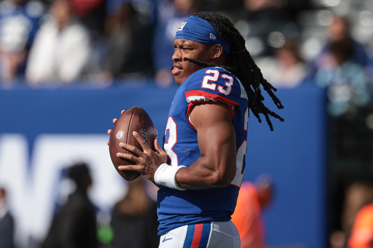 Oct 22, 2023; East Rutherford, New Jersey, USA; New York Giants running back Gary Brightwell (23) warms up before the game against the Washington Commanders at MetLife Stadium.