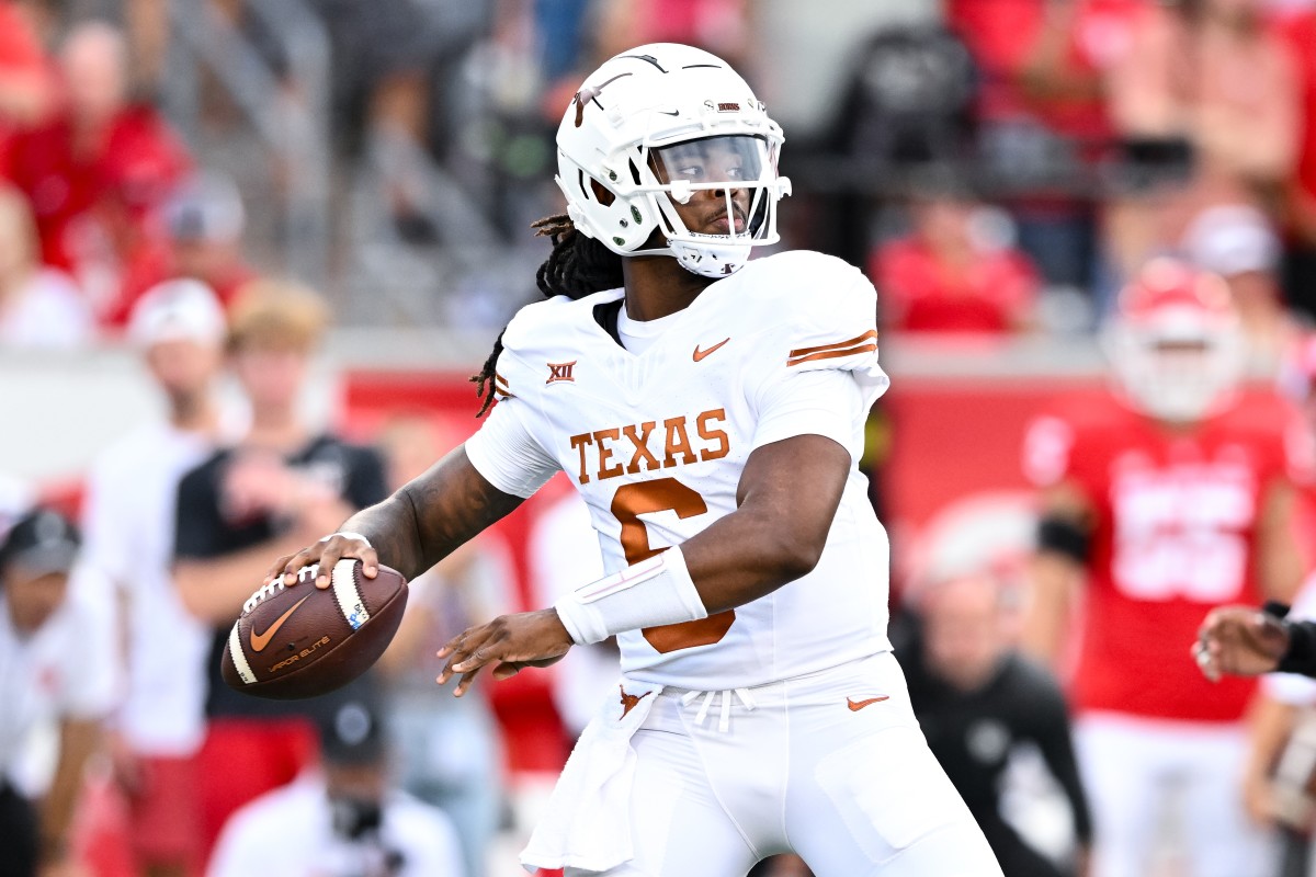 Oct 21, 2023; Houston, Texas, USA; Texas Longhorns quarterback Maalik Murphy (6) looks to pass the ball during the fourth quarter against the Houston Cougars at TDECU Stadium. 