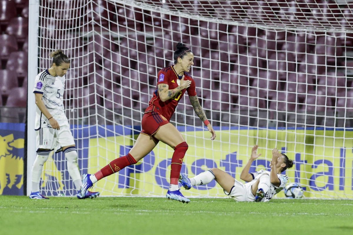 Jennifer Hermoso pictured celebrating after scoring the winning goal for Spain against Italy in a Women's Nations League game in October 2023
