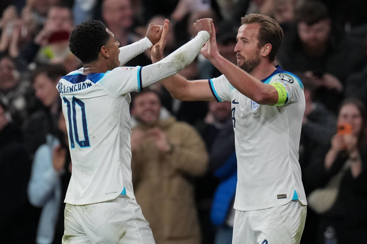 Jude Bellingham (left) and Harry Kane pictured celebrating a goal during England's 3-1 win over Italy at Wembley in October 2023