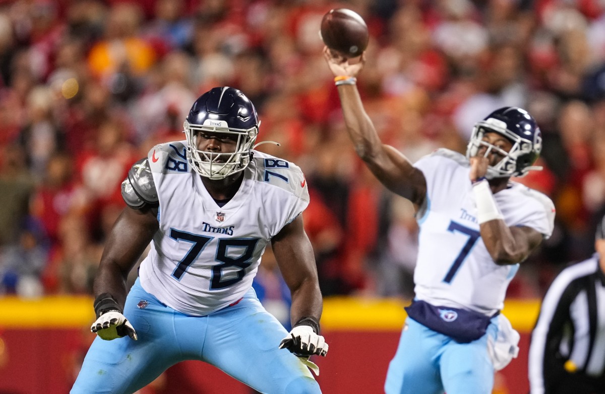 Tennessee Titans offensive tackle Nicholas Petit-Frere (78) looks to block as quarterback Malik Willis (7) throws a pass during the first half against the Kansas City Chiefs at GEHA Field at Arrowhead Stadium.