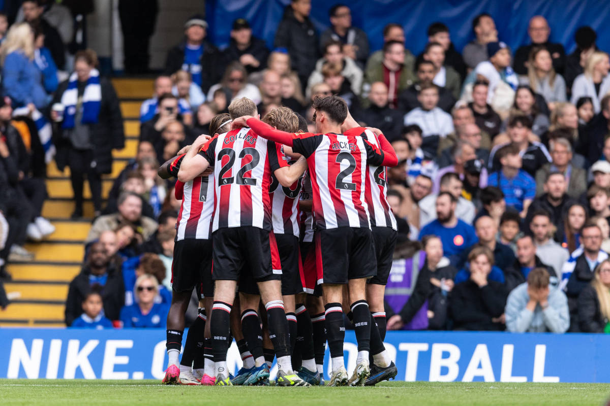 Brentford players pictured celebrating a goal during a 2-0 away win over Chelsea in October 2023