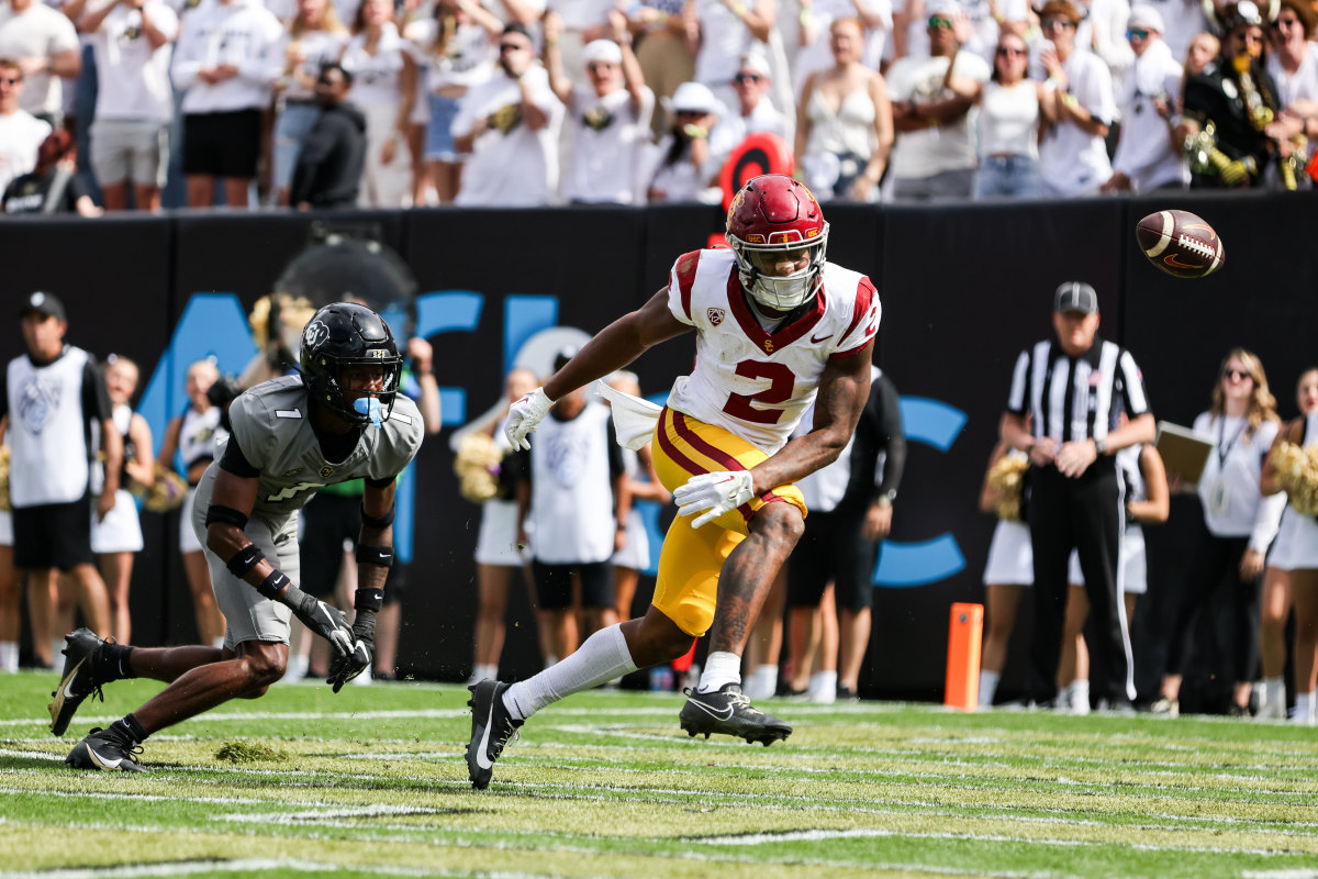 Colorado Buffaloes cornerback Cormani McClain (1) breaks up a pass intended for USC Trojans wide receiver Brenden Rice (2) in the third quarter at Folsom Field