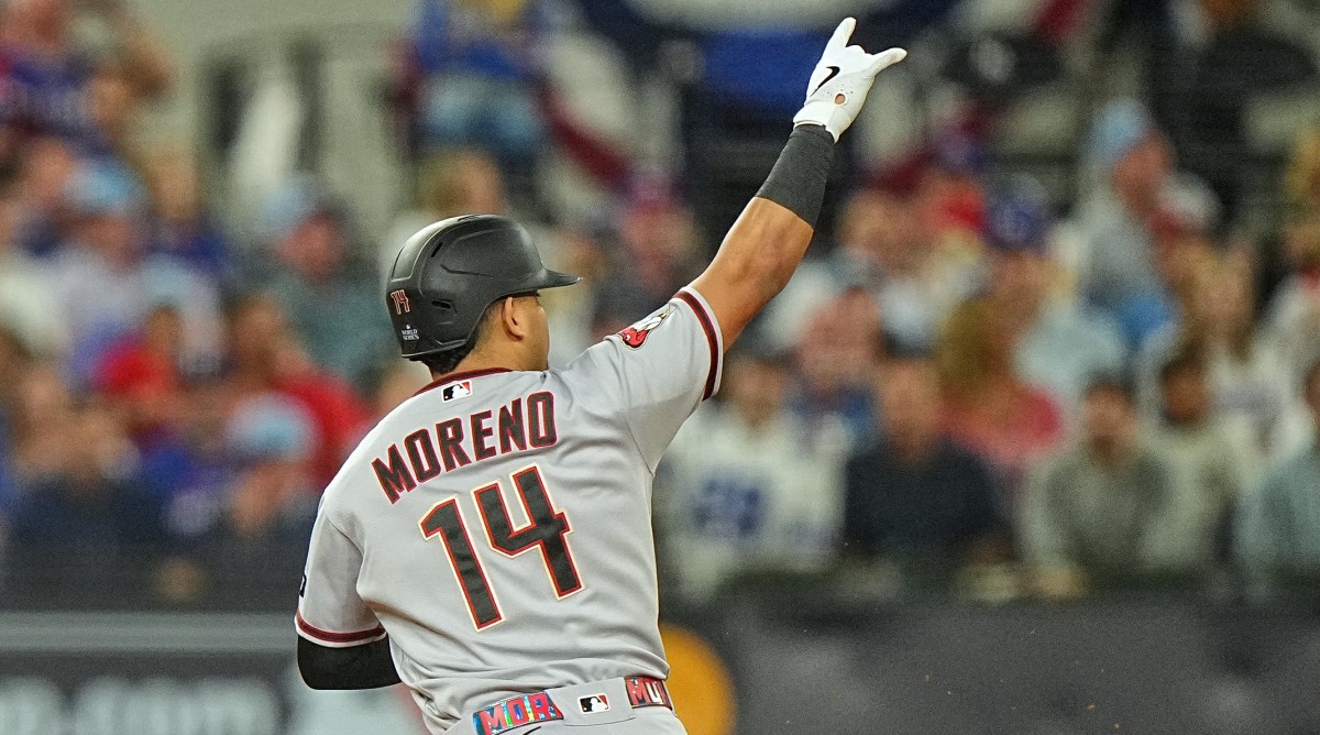 Diamondbacks catcher Gabriel Moreno celebrates hitting a home run in Game 2 of the World Series against the Rangers.