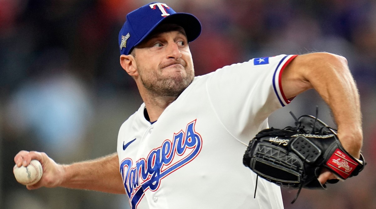 Rangers starting pitcher Max Scherzer throws a pitch against the Astros during the first inning in Game 3 of the American League Championship Series.