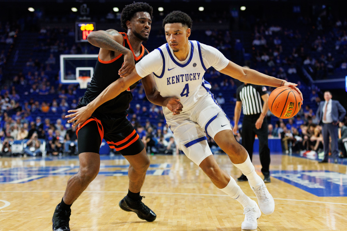 Oct 27, 2023; Lexington, KY, USA; Kentucky Wildcats forward Tre Mitchell (4) moves to the basket during the second half against the Georgetown Tigers at Rupp Arena. Mandatory Credit: Jordan Prather-USA TODAY Sports