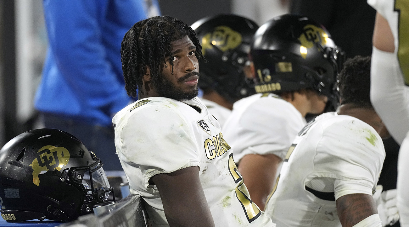 Colorado quarterback Shedeur Sanders sits on the bench in the closing seconds of the second half against UCLA.