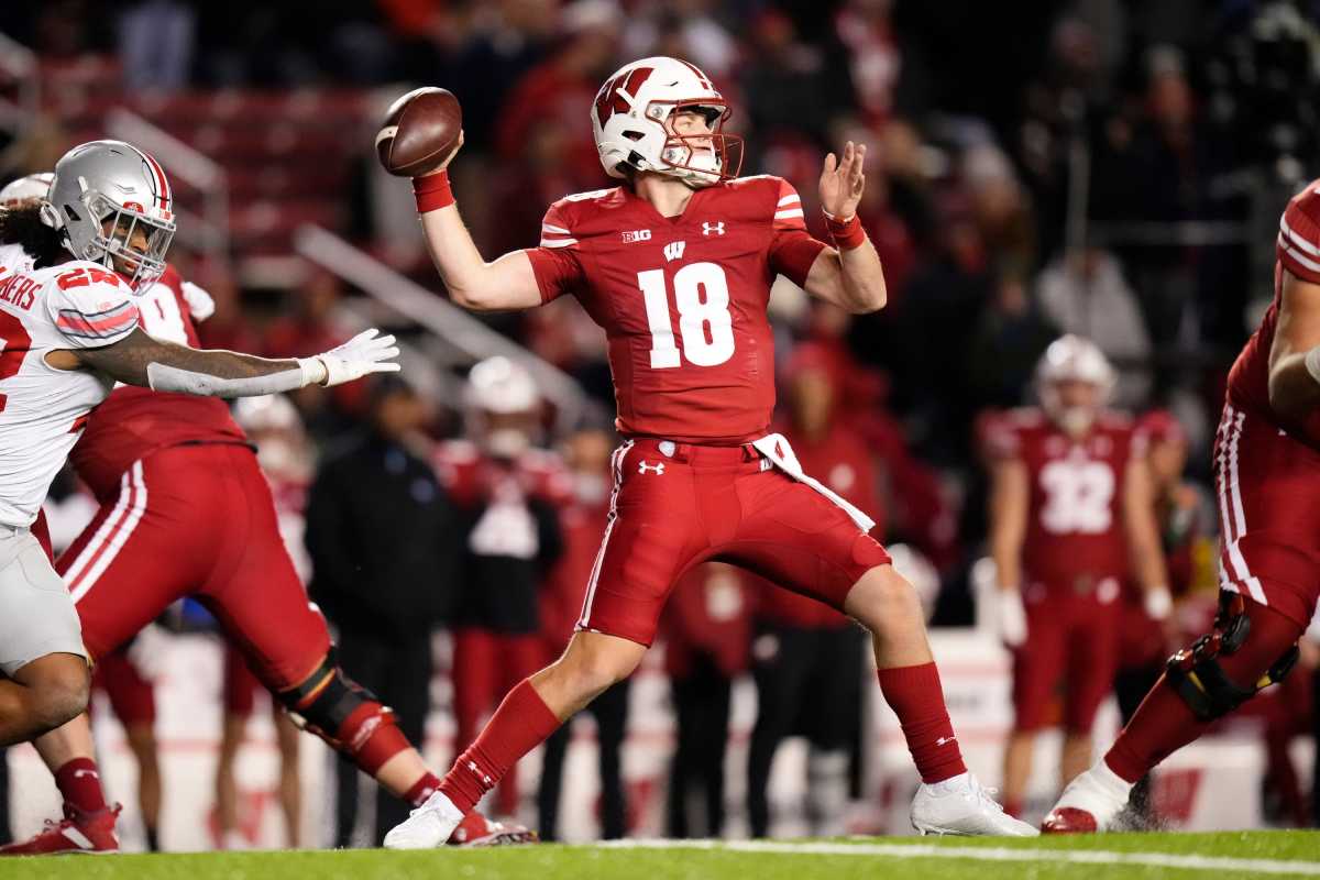 Oct 28, 2023; Madison, Wisconsin, USA; Wisconsin Badgers quarterback Braedyn Locke (18) throws a pass during the second half of the NCAA football game against the Ohio State Buckeyes at Camp Randall Stadium. Ohio State won 24-10.
