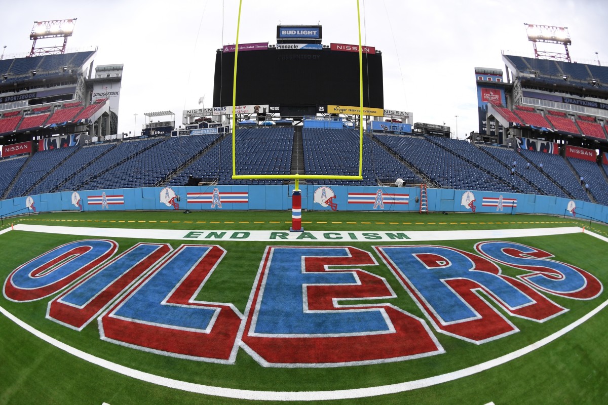 View of Nissan Stadium with throwback Houston Oilers field paint before the game against the Atlanta Falcons. Mandatory Credit: Christopher Hanewinckel-USA TODAY Sports
