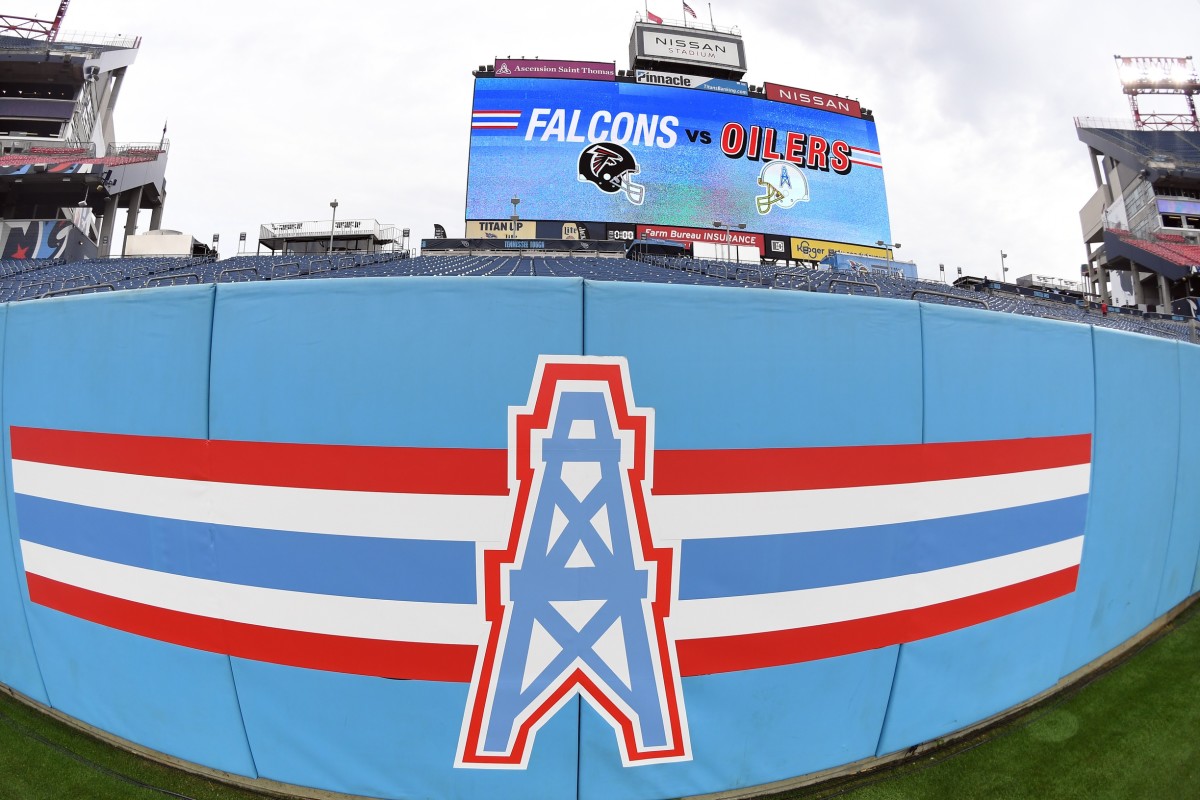 View of Nissan Stadium with throwback Houston Oilers signage before the game against the Atlanta Falcons.