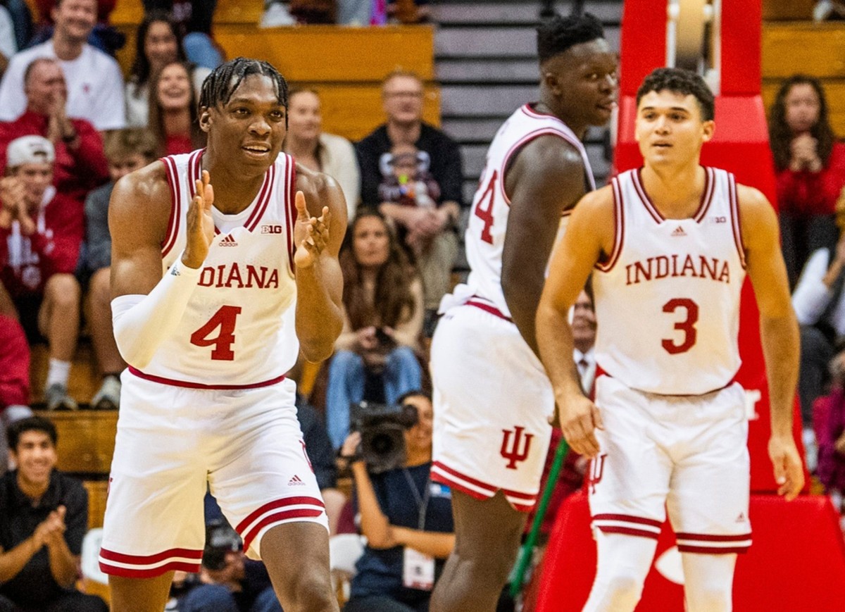 Indiana's Anthony Walker (4) celebrates during the Indiana versus University of Indianapolis men's basketball game at Simon Skjodt Assembly Hall on Sunday, Oct. 29, 2023.