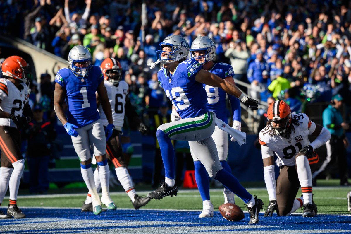 Seattle Seahawks receiver Jake Bobo (19) scores a touchdown against the Cleveland Browns.