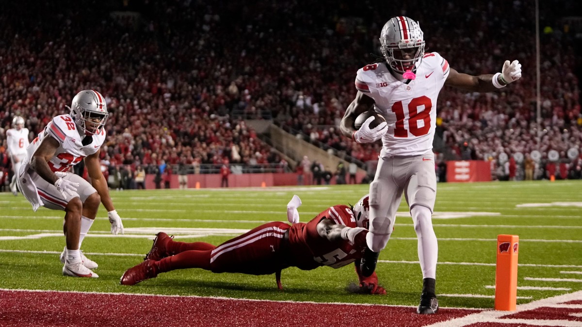 Marvin Harrison Jr. had 123 receiving yards and two scores in Ohio State’s 24–10 win over Wisconsin.