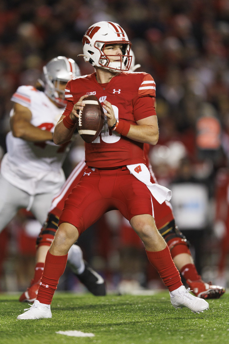 Oct 28, 2023; Madison, Wisconsin, USA; Wisconsin Badgers quarterback Braedyn Locke (18) looks to throw a pass during the fourth quarter against the Ohio State Buckeyes at Camp Randall Stadium. Mandatory Credit: Jeff Hanisch-USA TODAY Sports