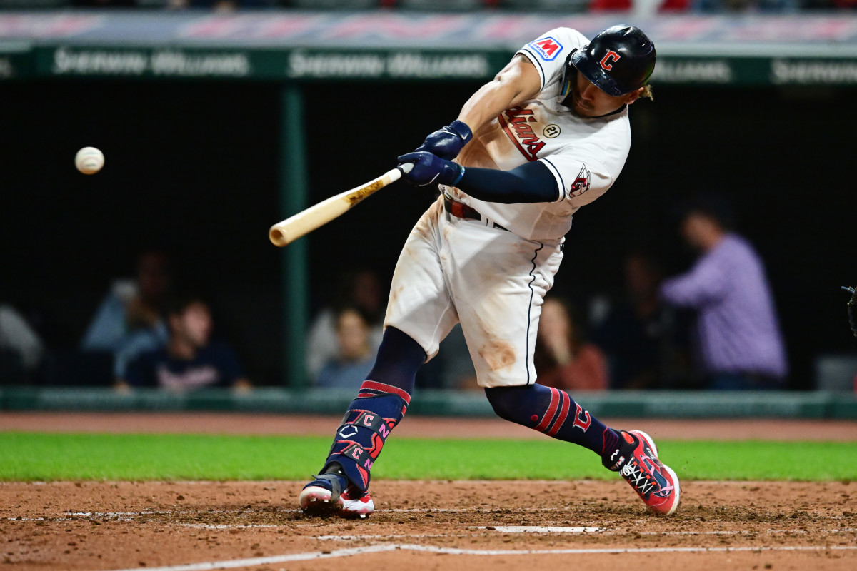 Sep 15, 2023; Cleveland, Ohio, USA; Cleveland Guardians first baseman Josh Naylor (22) hits an RBI single during the fourth inning against the Texas Rangers at Progressive Field.