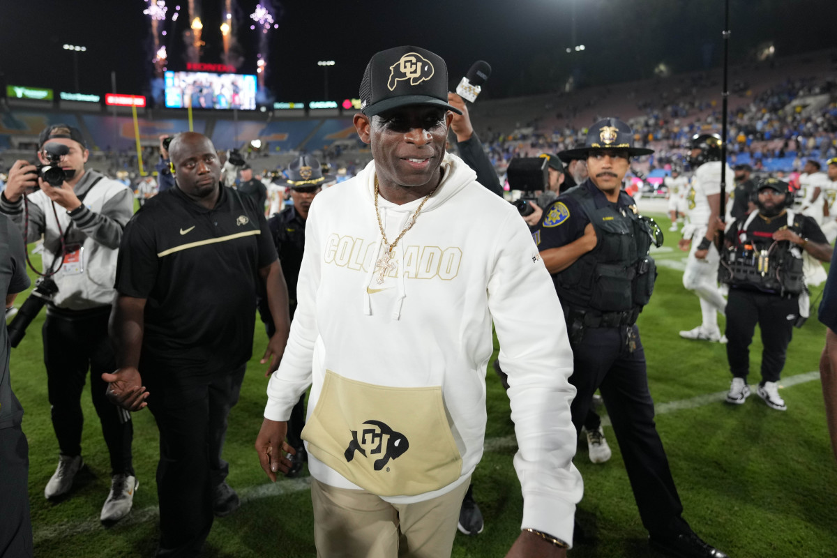 Colorado Buffaloes head coach Deion Sanders leaves the field after the game against the UCLA Bruins at Rose Bowl. UCLA defeated Coloradao 28-16.