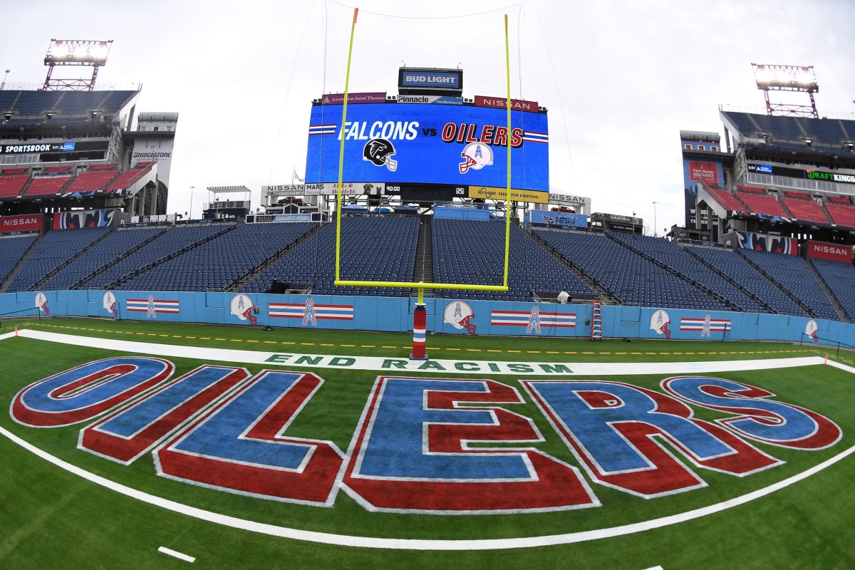 View of Nissan Stadium with throwback Houston Oilers field paint before the game against the Atlanta Falcons. 
