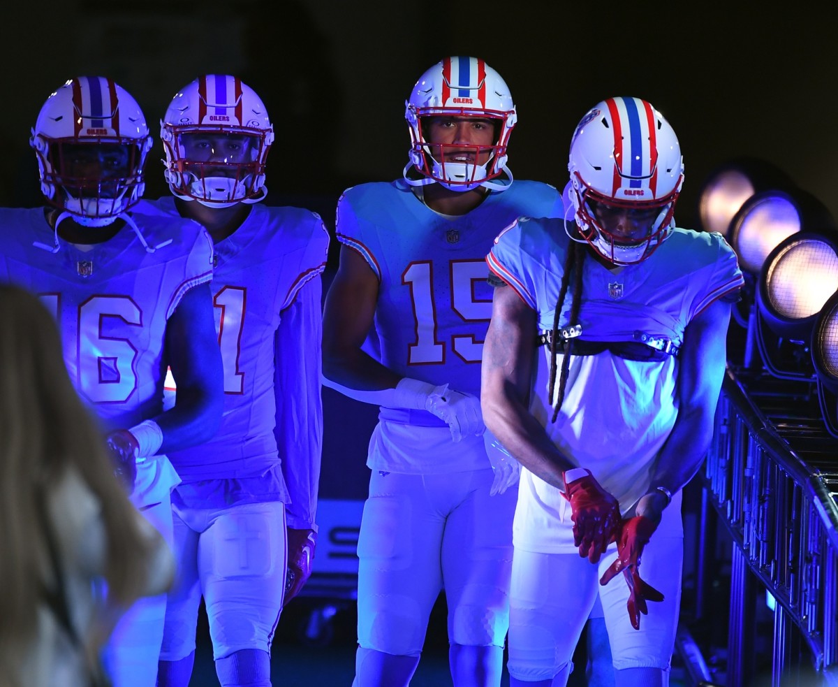Tennessee Titans receivers walk to the field before the game against the Atlanta Falcons at Nissan Stadium. 