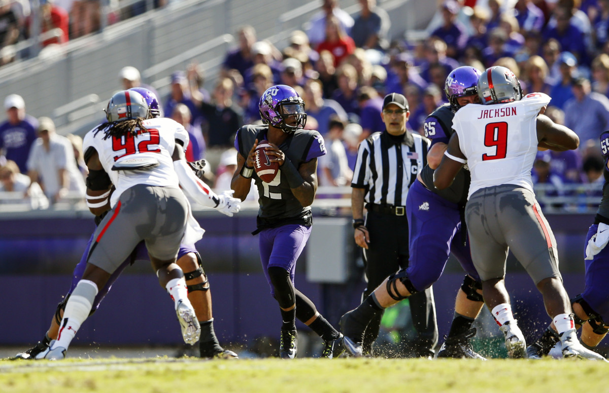 Oct 25, 2014; Fort Worth, TX, USA; TCU Horned Frogs quarterback Trevone Boykin (2) throws during the game against the Texas Tech Red Raiders at Amon G. Carter Stadium. Mandatory Credit: Kevin Jairaj-USA TODAY Sports