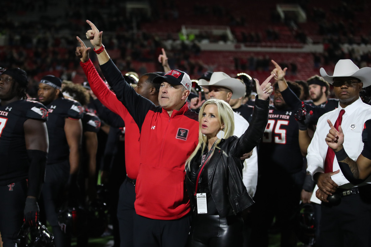 Oct 14, 2023; Lubbock, Texas, USA; Texas Tech Red Raiders head coach Joey McGuire and wife Debbie after the game against the Kansas State Wildcats at Jones AT&T Stadium and Cody Campbell Field. Mandatory Credit: Michael C. Johnson-USA TODAY Sports