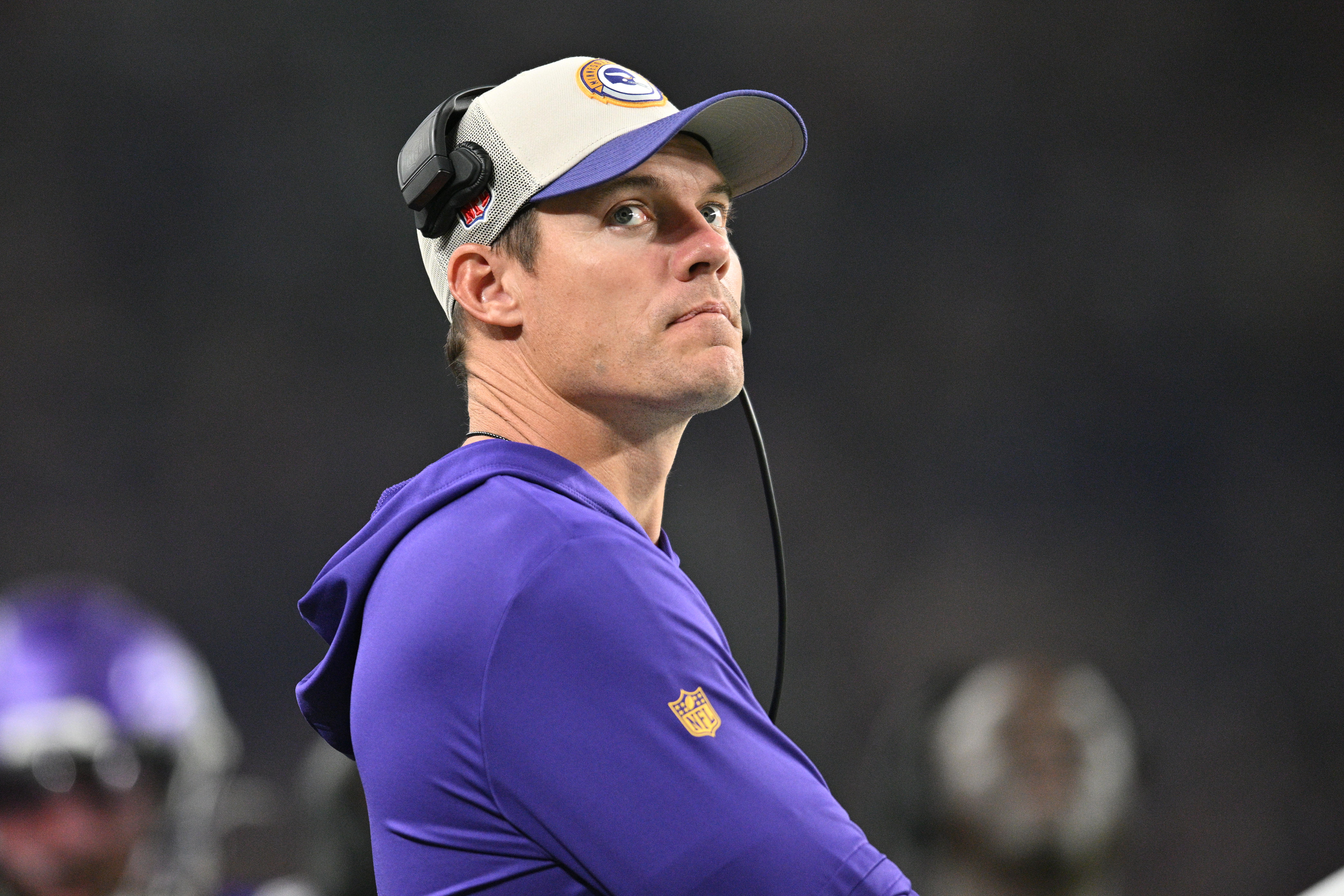 Aug 19, 2023; Minneapolis, Minnesota, USA; Minnesota Vikings head coach Kevin O'Connell looks on during the third quarter against the Tennessee Titans at U.S. Bank Stadium.