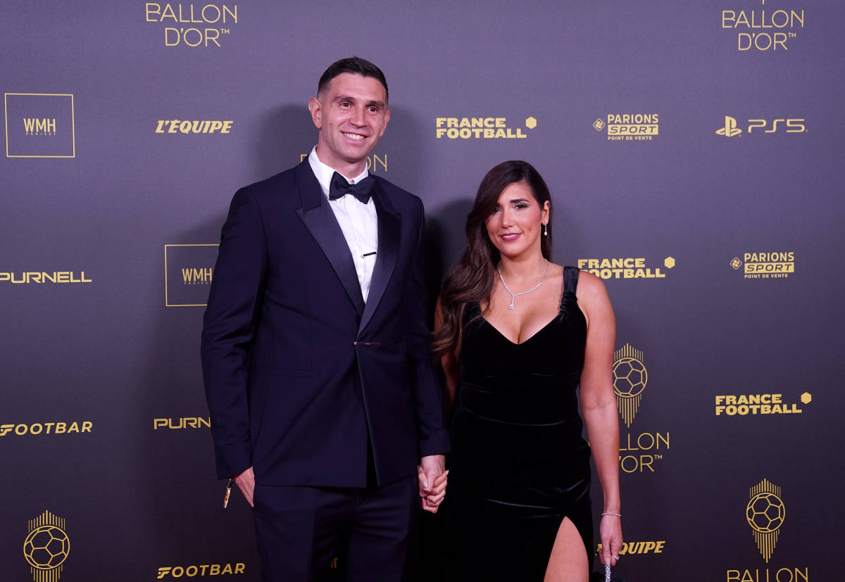 Argentina goalkeeper Emiliano Martinez pictured with his wife Amanda at the 2023 Ballon d'Or awards ceremony in Paris