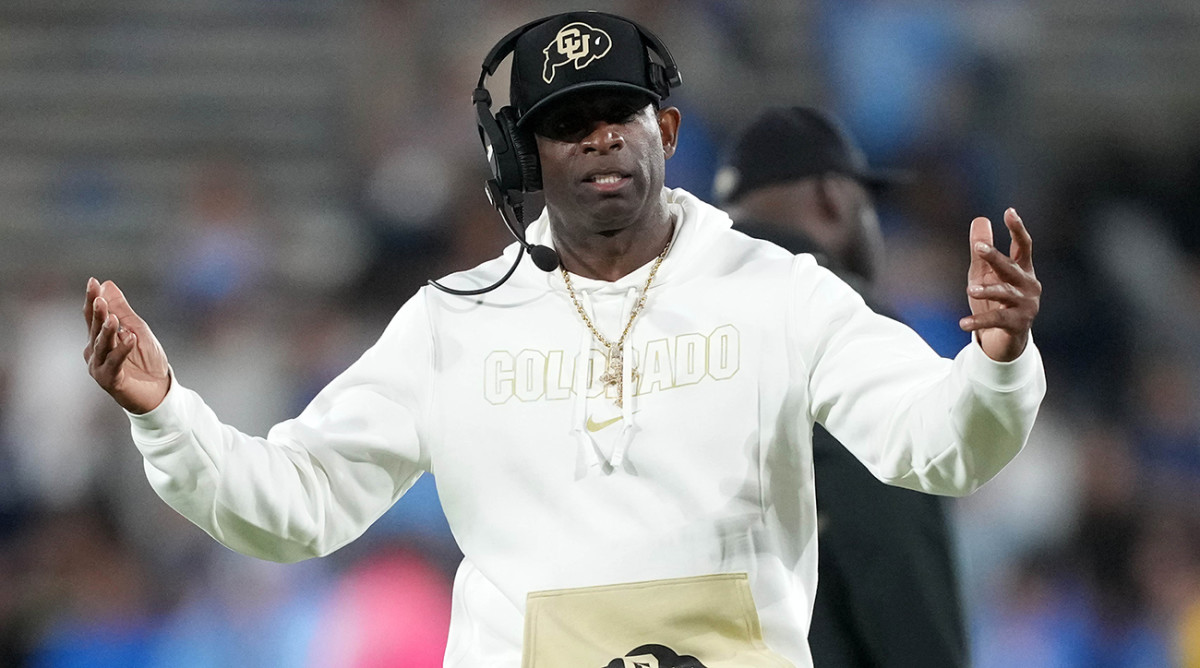 Colorado coach Deion Sanders reacts against UCLA in the second half at Rose Bowl.