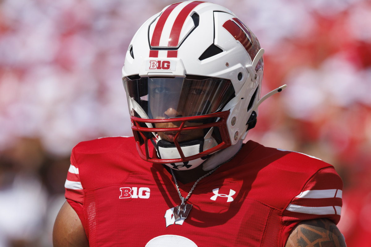 Sep 2, 2023; Madison, Wisconsin, USA; Wisconsin Badgers running back Braelon Allen (0) during warmups prior to the game against Buffalo Bulls at Camp Randall Stadium. Mandatory Credit: Jeff Hanisch-USA TODAY Sports
