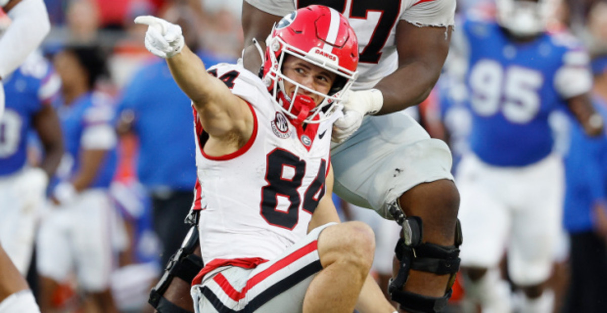 Georgia Bulldogs wide receiver Ladd McConkey celebrates a play during a college football game in the SEC.