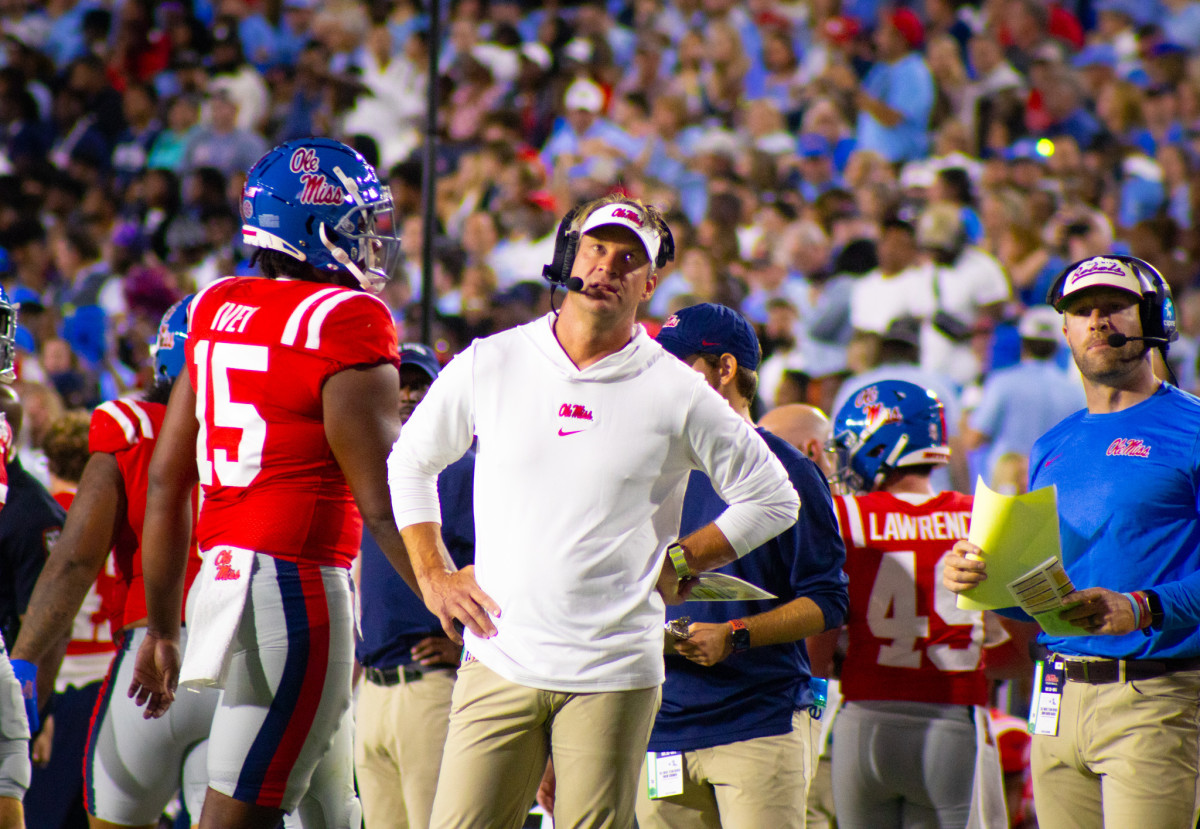 Ole Miss coach Lane Kiffin on the sidelines during Rebels' Week 9 home game vs. the Vanderbilt Commodores.