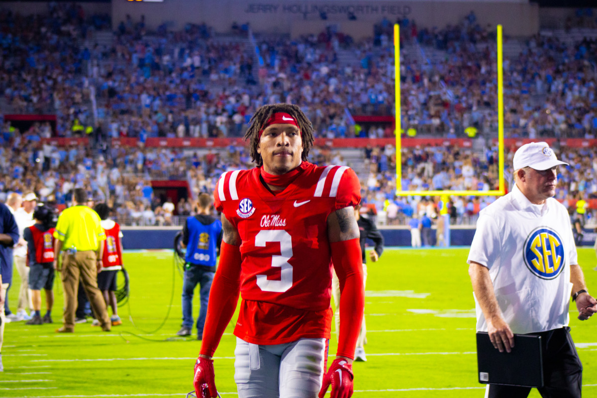 Ole Miss Rebels safety Daijahn Anthony exits the field following the 33-7 victory over the Vanderbilt Commodores (2023).