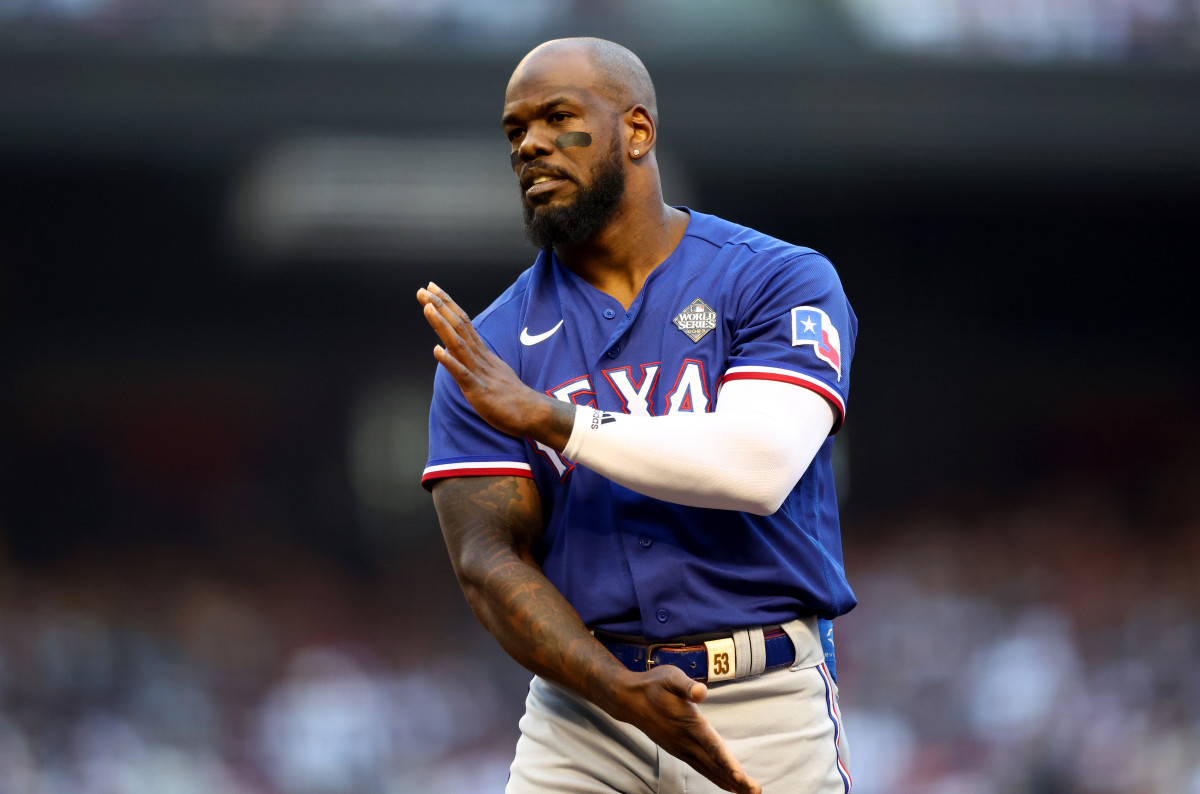 Oct 30, 2023; Phoenix, AZ, USA; Texas Rangers right fielder Adolis Garcia (53) reacts after making the final out in the top of the first inning of game three of the 2023 World Series against the Arizona Diamondbacks at Chase Field. Mandatory Credit: Mark J. Rebilas-USA TODAY Sports