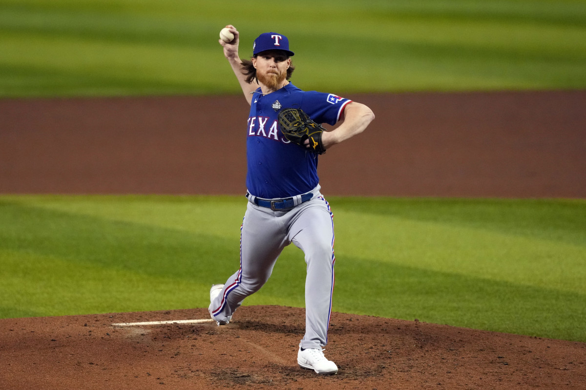 Texas Rangers relief pitcher Jon Gray pitches in the fifth inning against the Arizona Diamondbacks in Game 3 of the 2023 World Series at Chase Field.