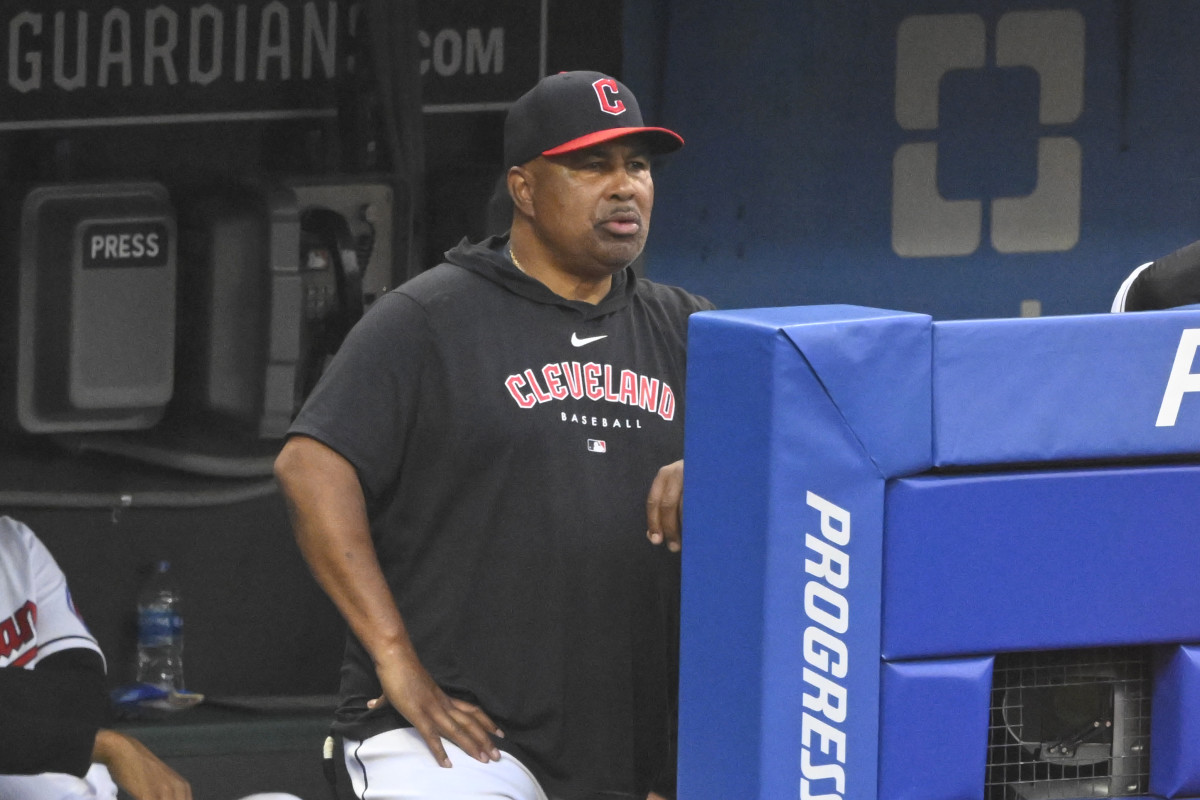 Jul 24, 2023; Cleveland, Ohio, USA; Cleveland Guardians bench coach DeMarlo Hale (30) stands in the dugout in the fifth inning against the Kansas City Royals at Progressive Field.