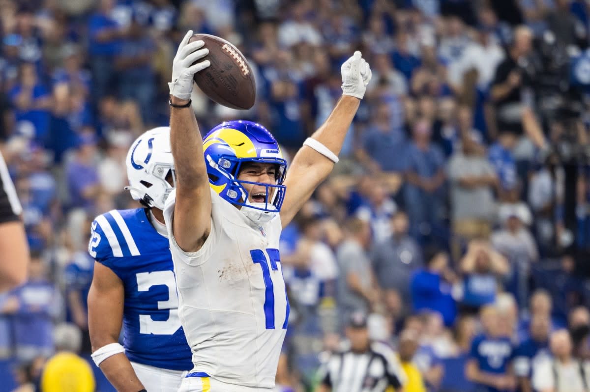Los Angeles Rams receiver Puka Nacua celebrates against the Indianapolis Colts in Week 4.