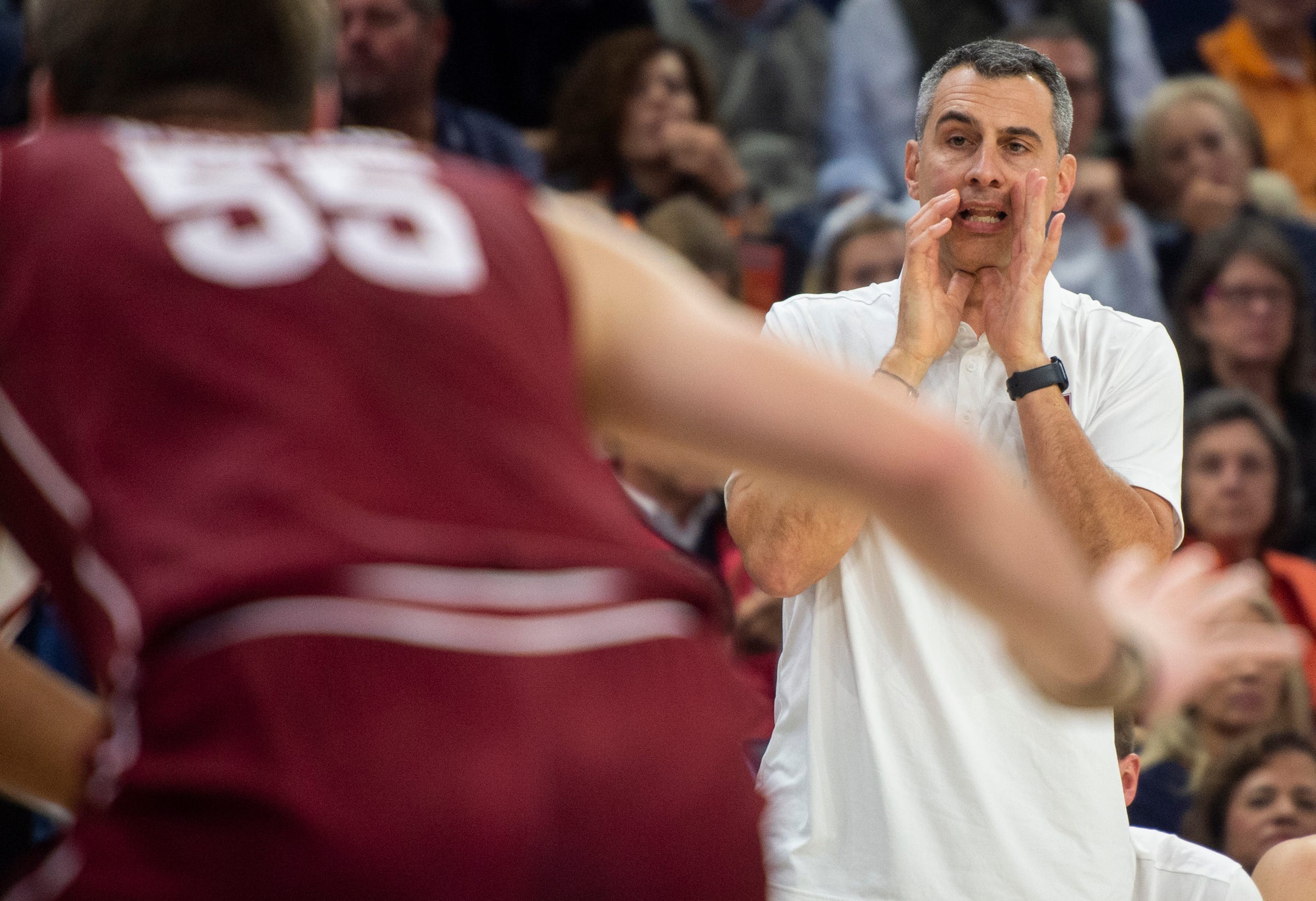 Colgate Raiders head coach Matt Langel talks with his team from the sideline as Auburn Tigers take on Colgate Raiders at Neville Arena in Auburn, Ala., on Friday, Dec. 2, 2022. Auburn Tigers lead Colgate Raiders 47-33 at halftime.