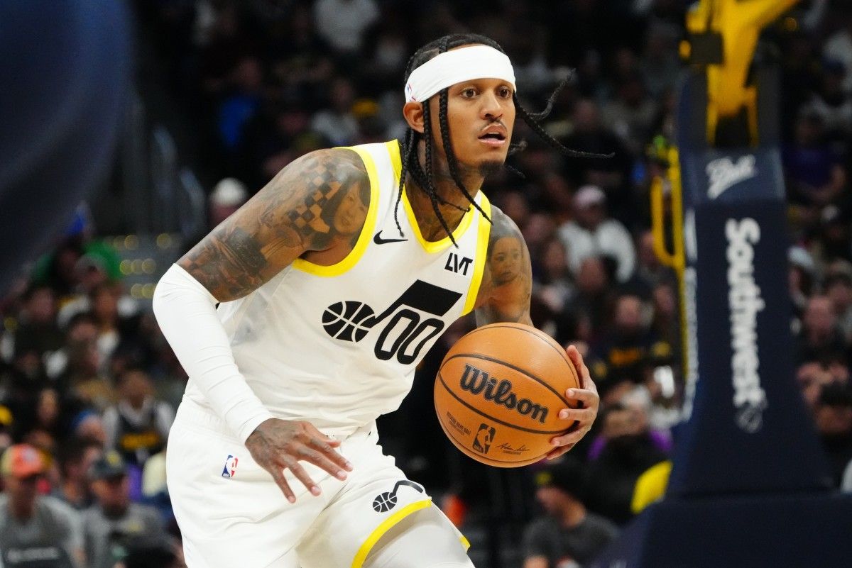 Utah Jazz guard Jordan Clarkson (00) during the first quarter against the Denver Nuggets at Ball Arena.