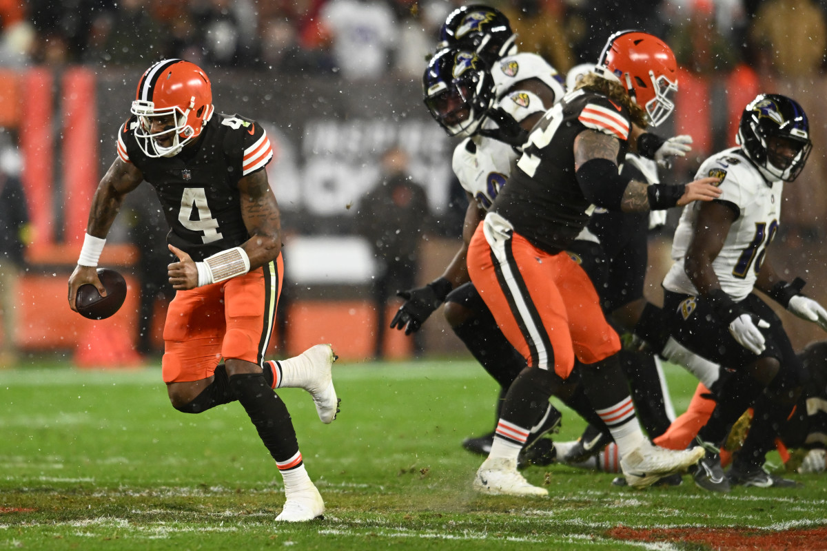 Dec 17, 2022; Cleveland, Ohio, USA; Cleveland Browns quarterback Deshaun Watson (4) runs with the ball during the second half against the Baltimore Ravens at FirstEnergy Stadium. 