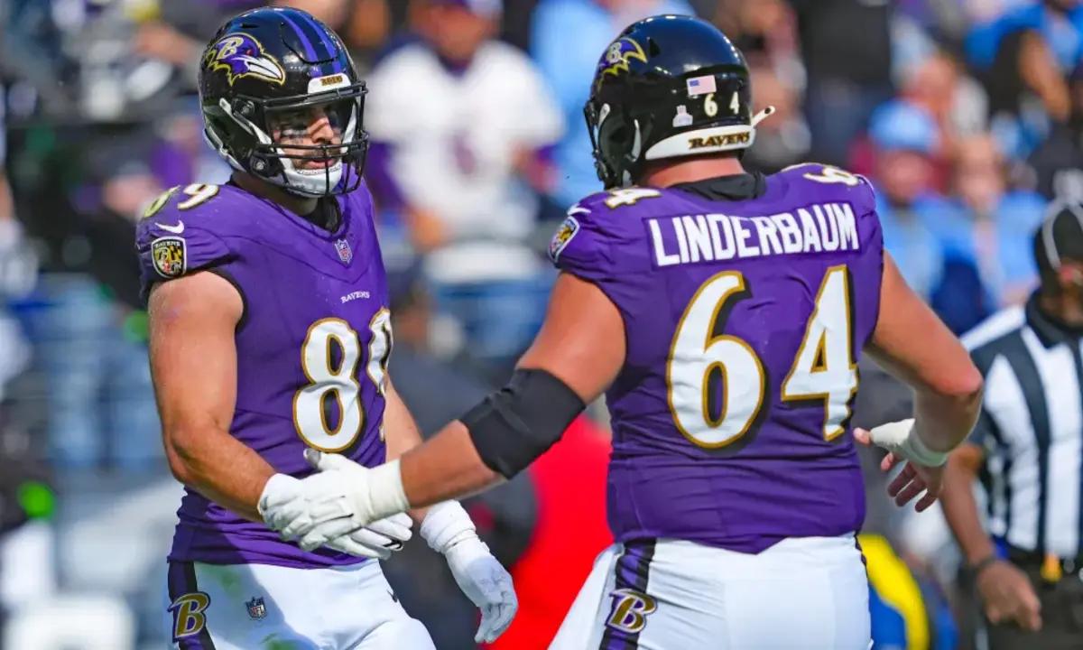 Baltimore Ravens tight end Mark Andrews and center Tyler Linderbaum