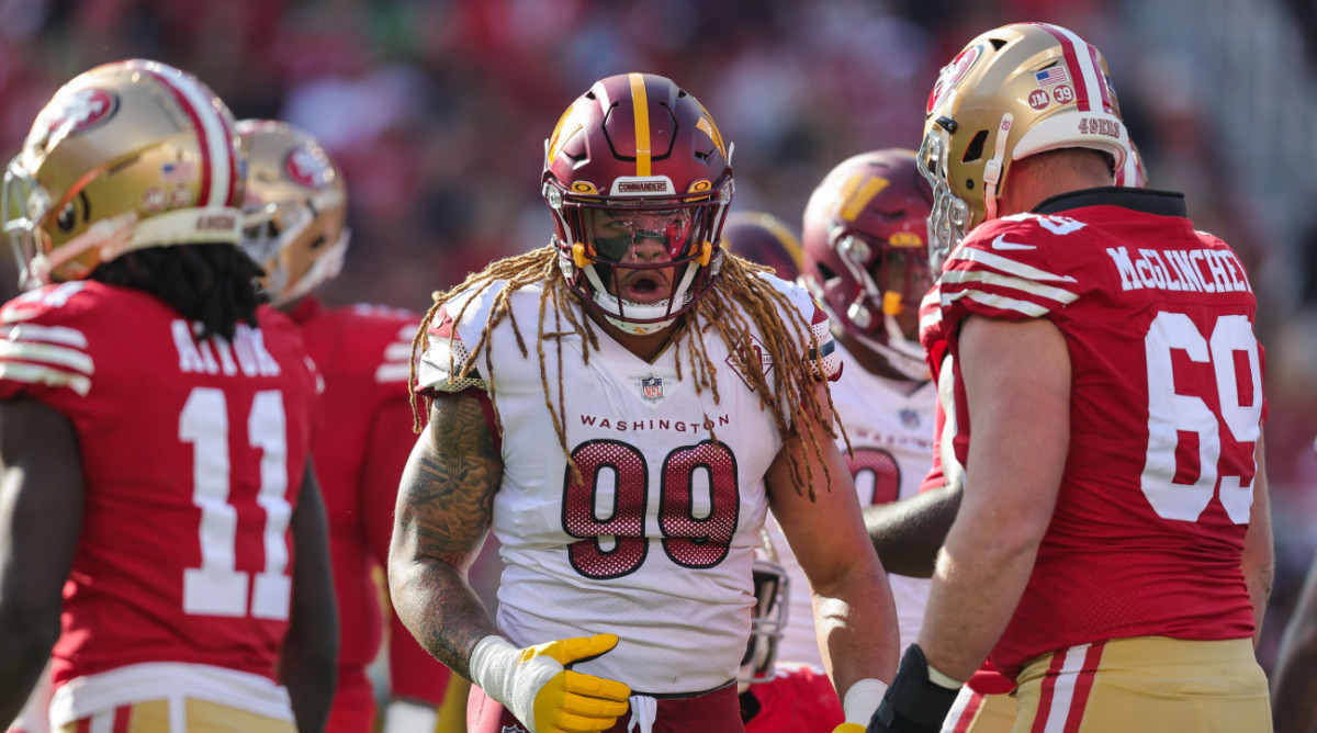 Washington Commanders defensive end Chase Young reacts to a play against the San Francisco 49ers.