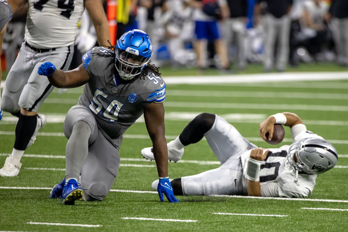 Detroit Lions defensive tackle Alim McNeill sacks Las Vegas Raiders quarterback Jimmy Garoppolo during the second half at Ford Field.