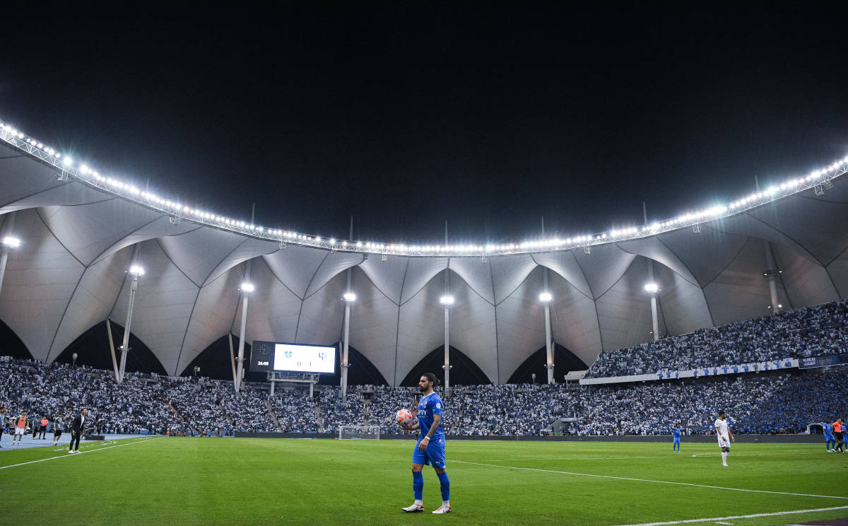 A photo taken inside the King Fahd International Stadium during a Saudi Pro League game between Al-Hilal and Al-Ahli in October 2023