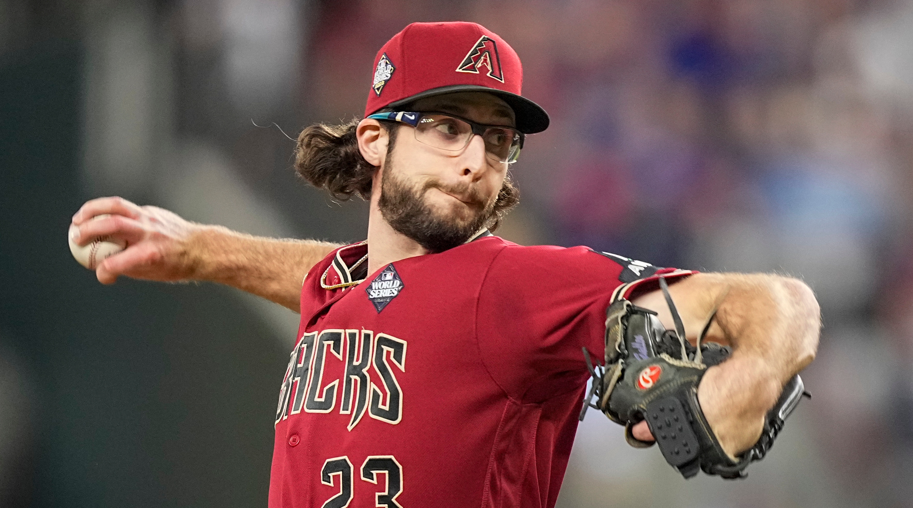 Diamondbacks starting pitcher Zac Gallen throws against the Rangers during the first inning in Game 1 of the World Series.