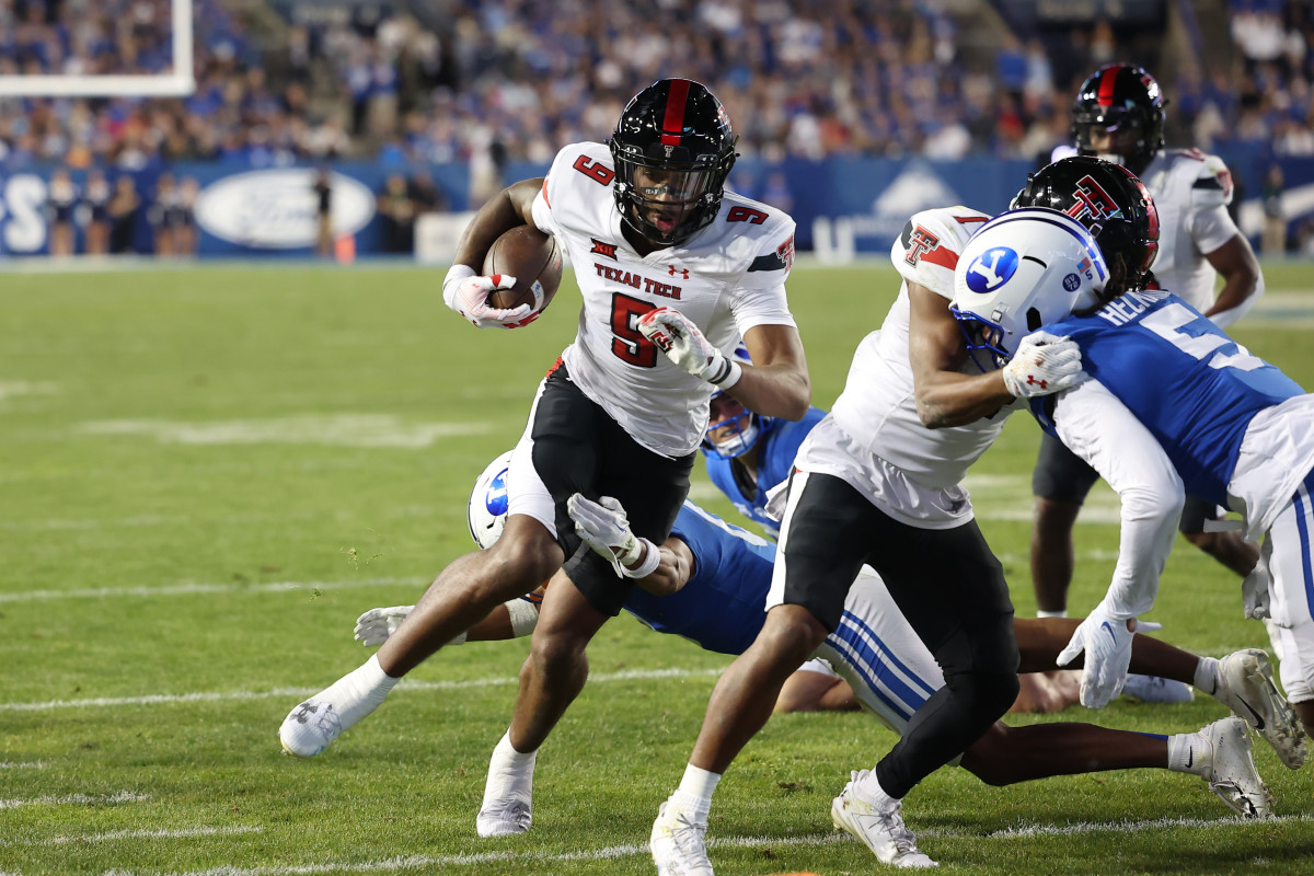Oct 21, 2023; Provo, Utah, USA; Texas Tech Red Raiders wide receiver Jerand Bradley (9) runs after a catch against the Brigham Young Cougars in the second half at LaVell Edwards Stadium.