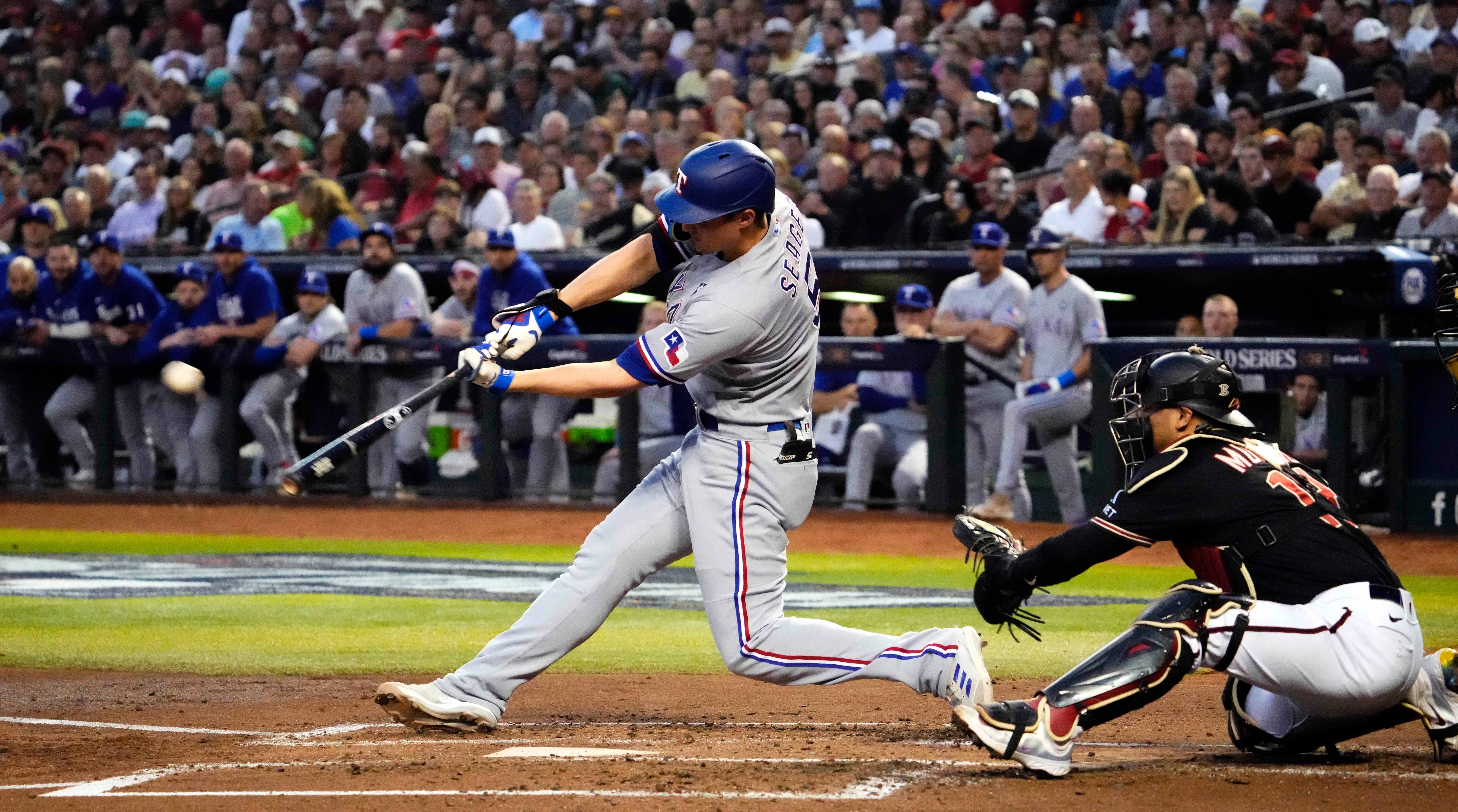 Corey Seager hitting a home run.