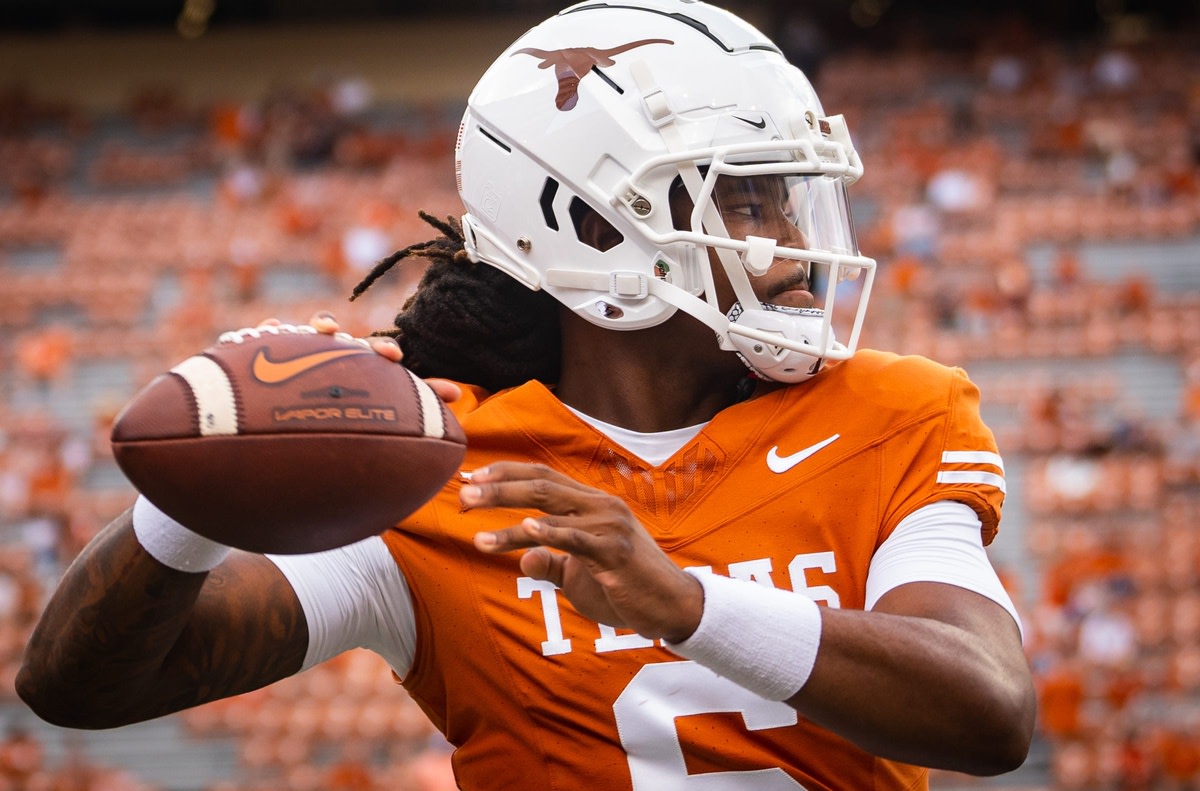 Texas quarterback Maalik Murphy (6) warms up ahead of the Longhorns' game against the BYU Cougars at Darrell K Royal-Texas Memorial Stadium in Austin, Saturday, Oct. 28, 2023.