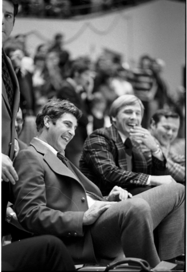 Indiana basketball coach Bob Knight shares a laugh from the bench at Assembly Hall in 1976.