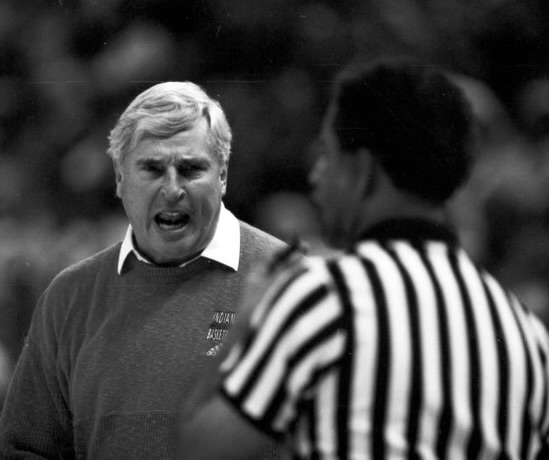 IU Basketball coach Bob Knight in 1993 having a discussion with an official.